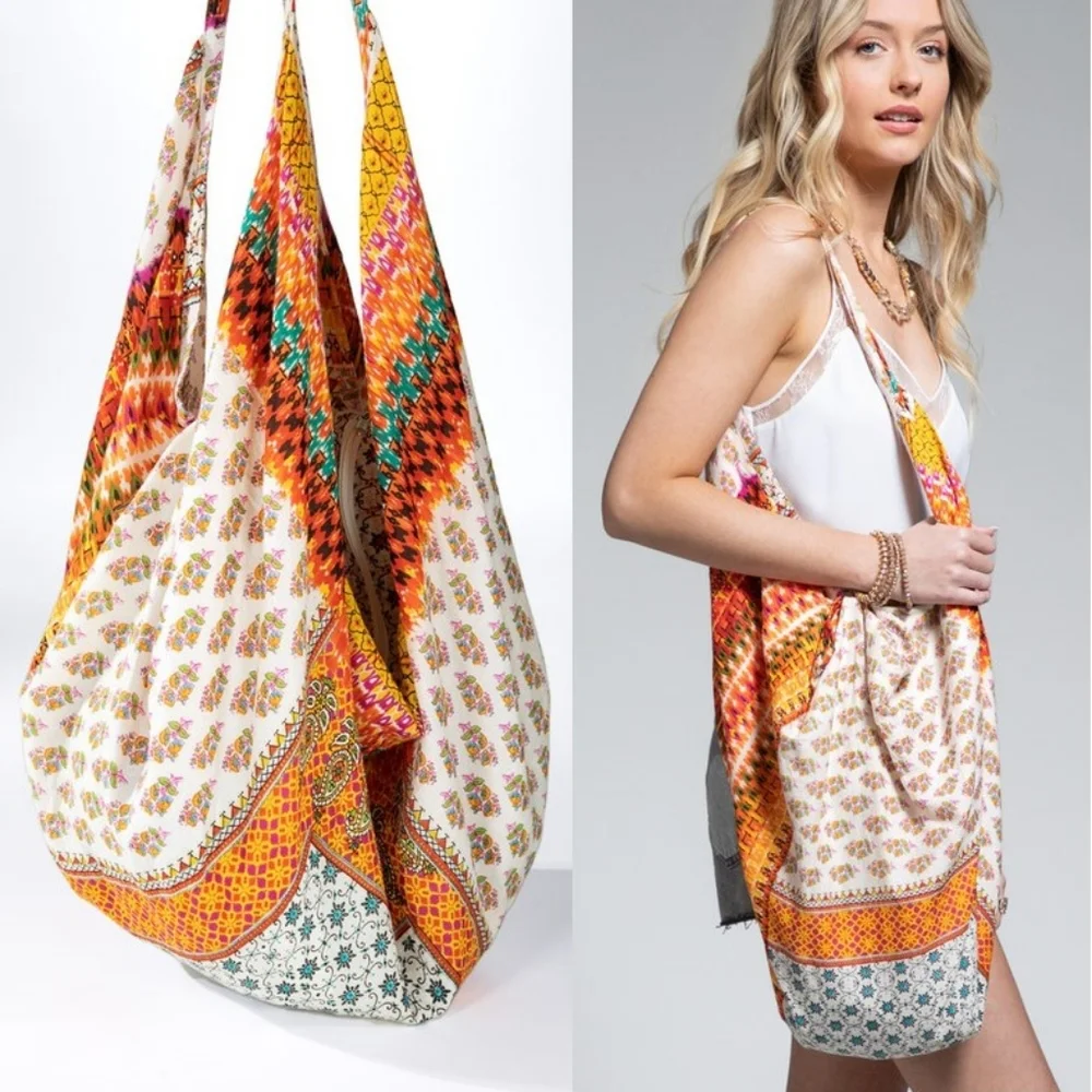 Floral & Paisley Print Boho Chic Beach Yoga Hobo Shoulder Bag - 100% Cotton